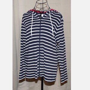 LL Bean Hooded Sweater Black & White Striped Zip Front All Cotton Jacket Sz L